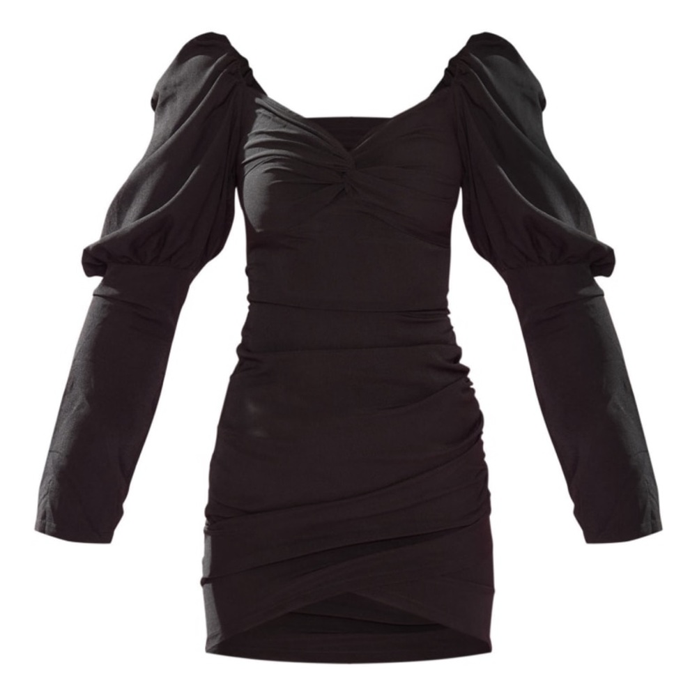 Black Puff Sleeve Twist Detail Bodycon Dress
